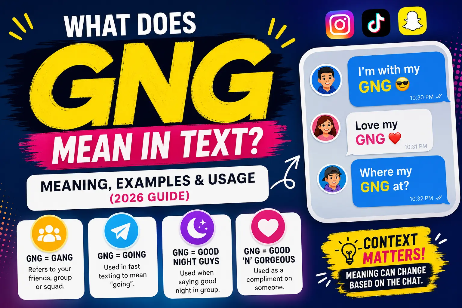 GNG meaning in text with examples of gang, going, and social media slang usage